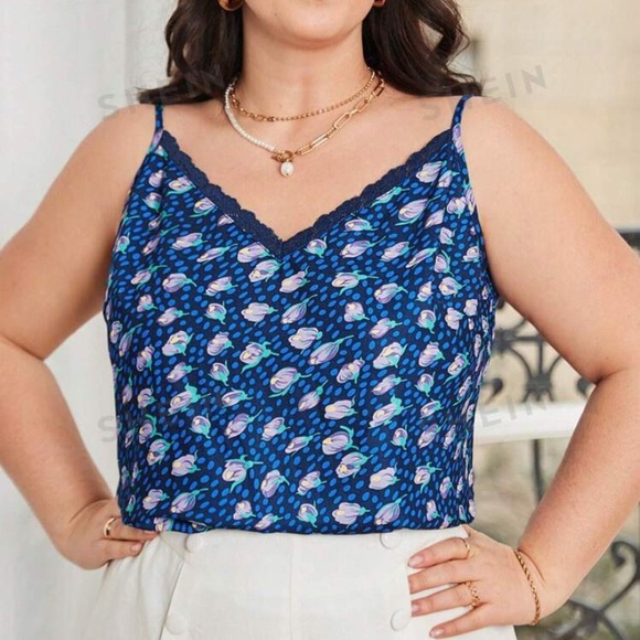 Plus Size Lace & Floral French Style Tank Top Vibrant Blue Green Purple - Picture 2 of 16